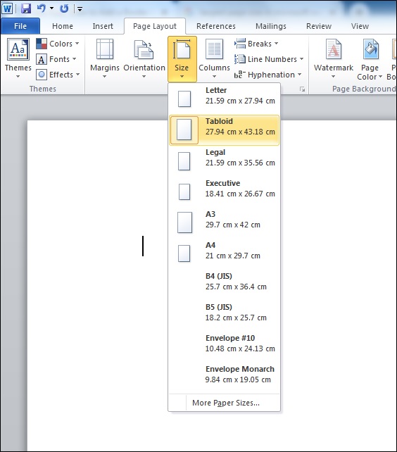 Page size in Microsoft Word 
