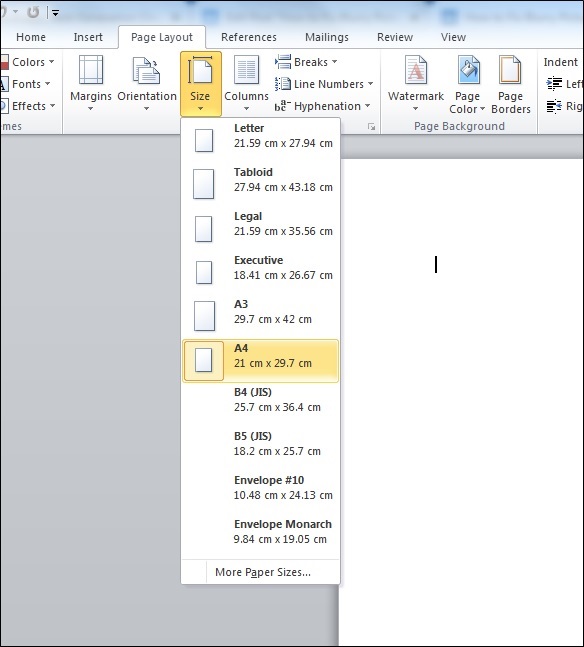 Page size in Microsoft Word